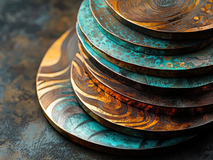 Stacked coins with concentric metal patterns