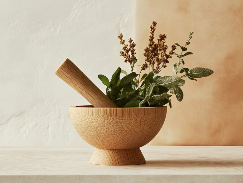 Fresh herbal leaves in a mortar with a pestle