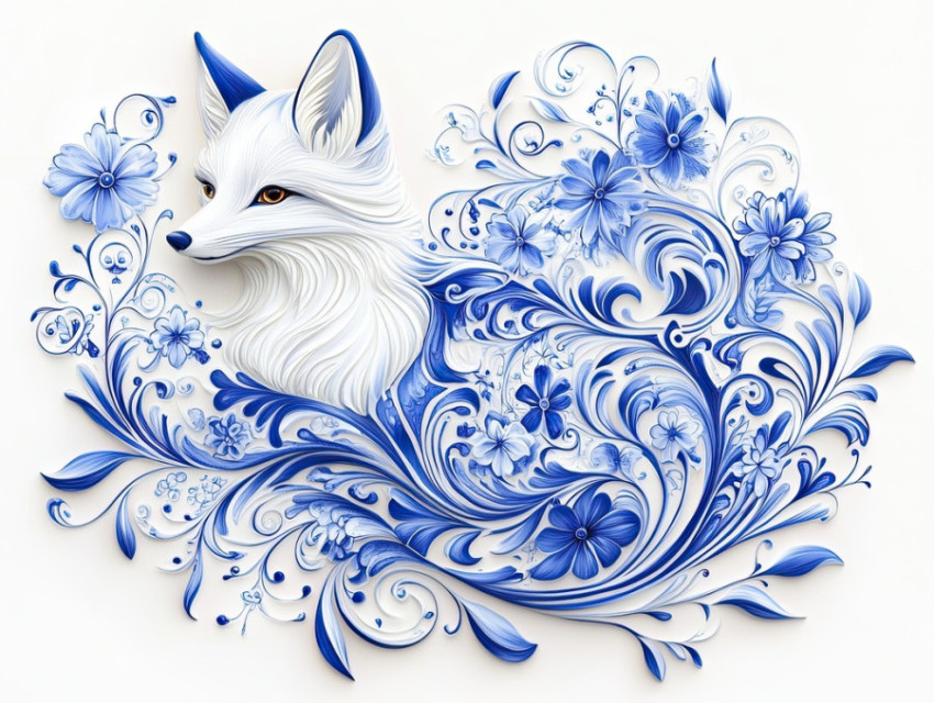 A curled fox with swirling blue floral patterns inspired by gzhel pottery