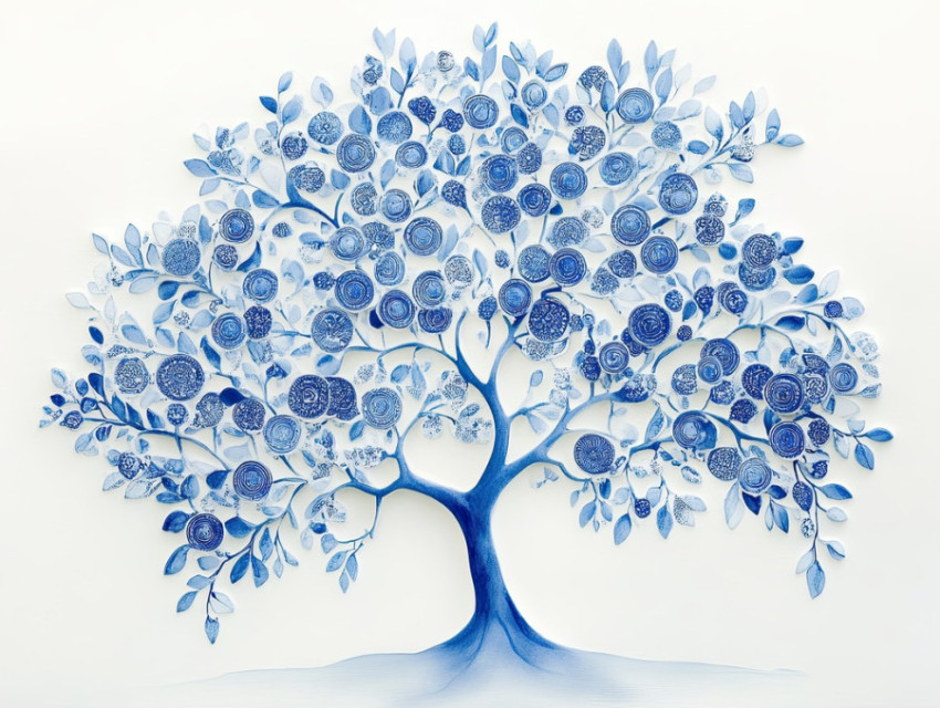 A tree with stylized blue coin-like leaves