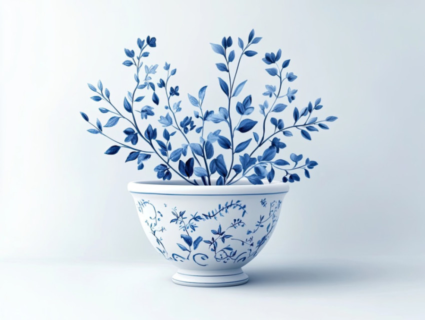 A herbal plant with blue vines growing in a porcelain mortar