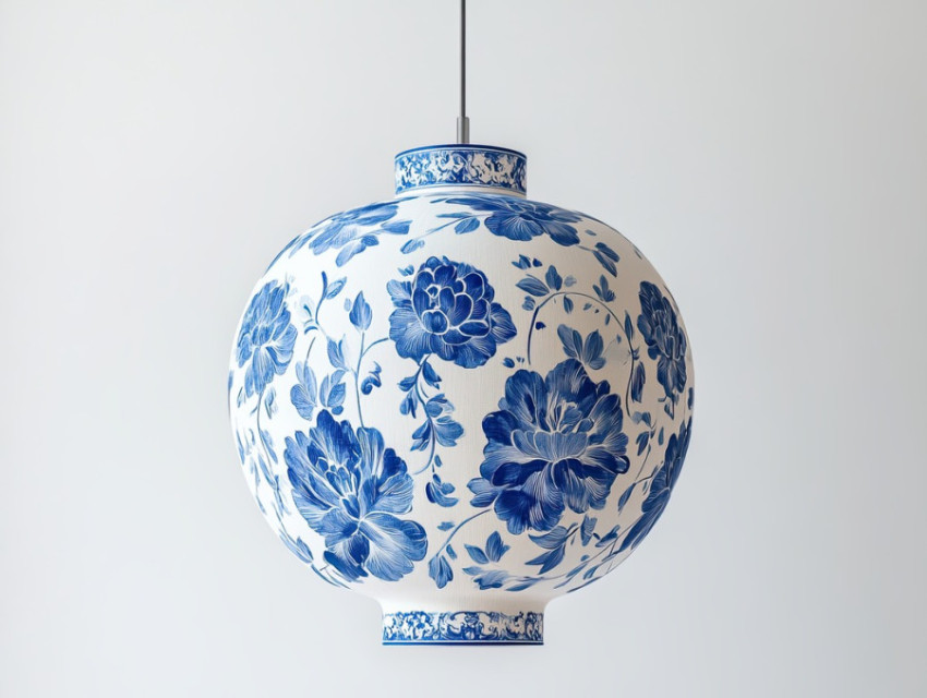 A floating blue lantern adorned with floral patterns