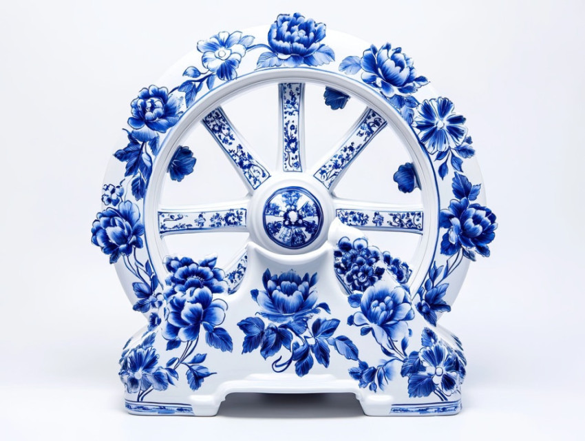 A waterwheel featuring intricate blue floral engravings