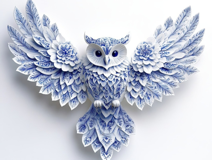 A soaring owl with detailed feather motifs