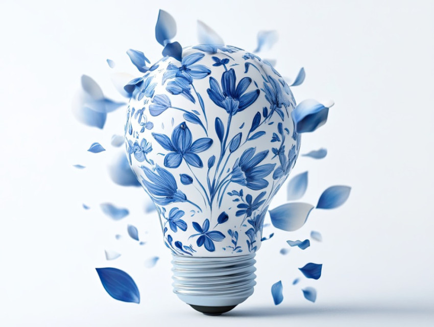 A lightbulb blooming with blue petal-like filaments