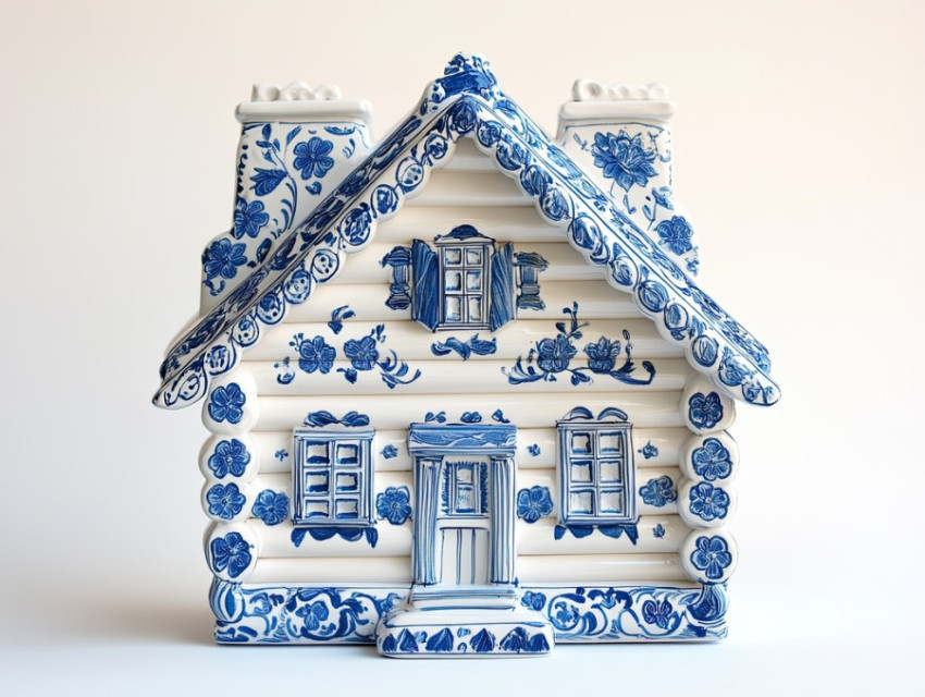 A rustic wooden cabin adorned with blue filigree