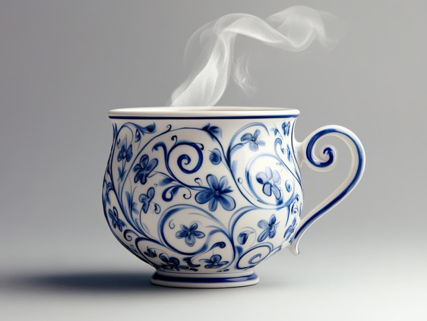 A steaming cup with ornamental blue swirls