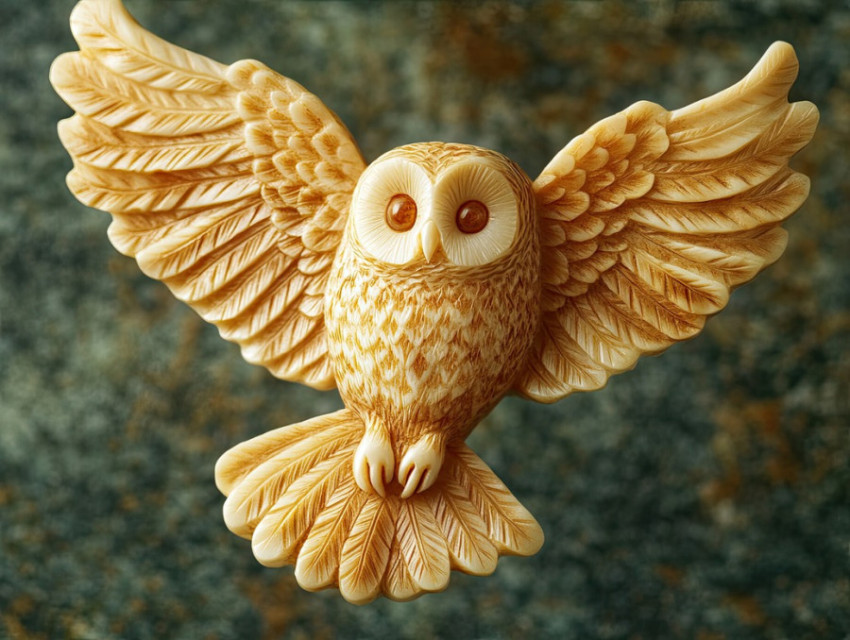 A soaring owl netsuke with delicate feather engravings