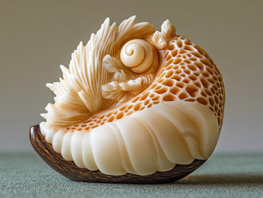 A netsuke featuring waves curling around a seashell with carved textures