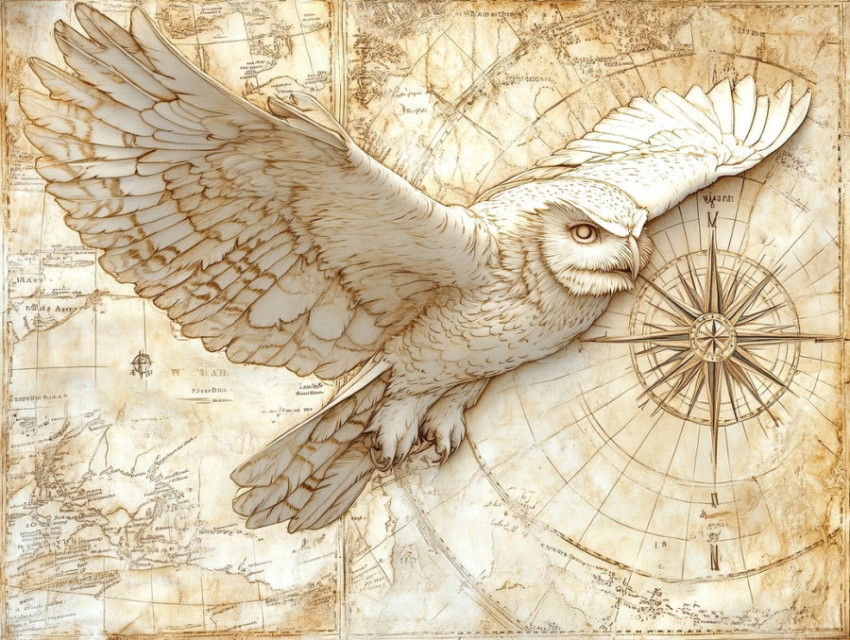 A soaring owl with etched feather details