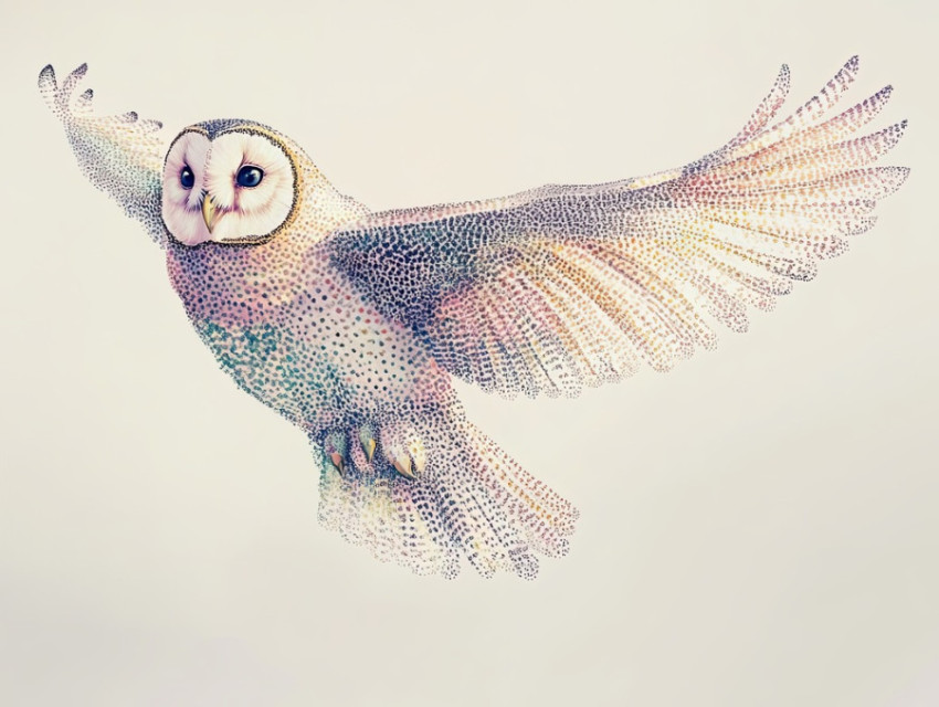 A soaring owl with finely stippled feather textures