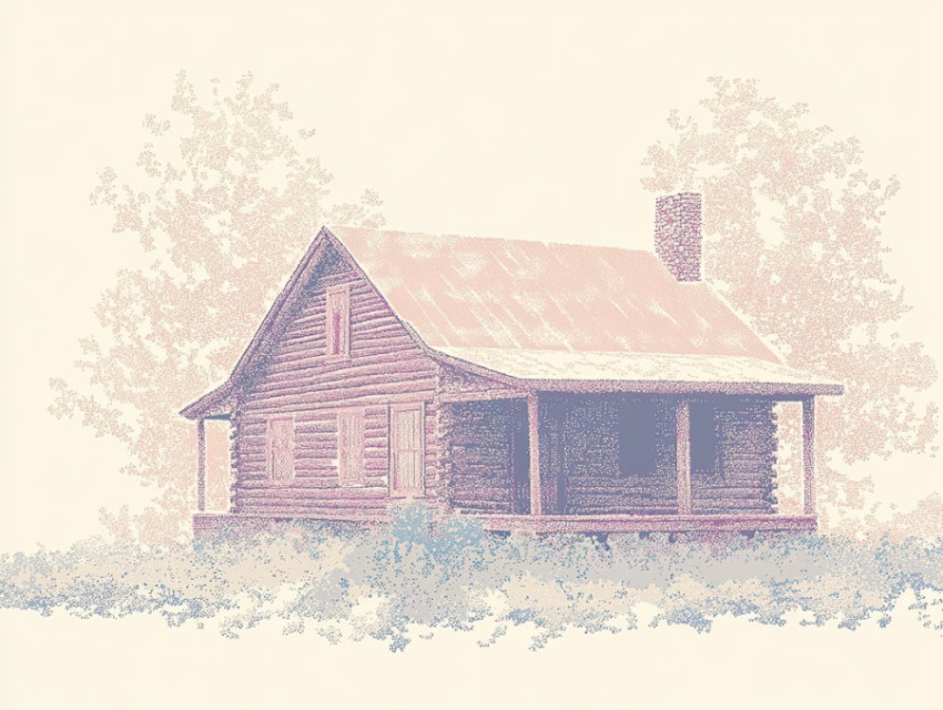 A rustic cabin with stippled shadows