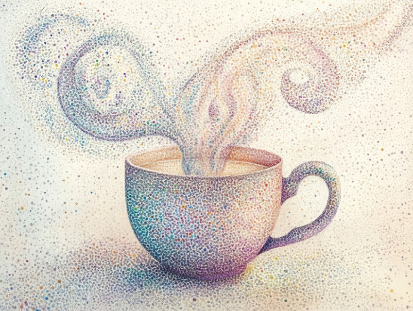 A steaming cup with stippled aroma swirls rising