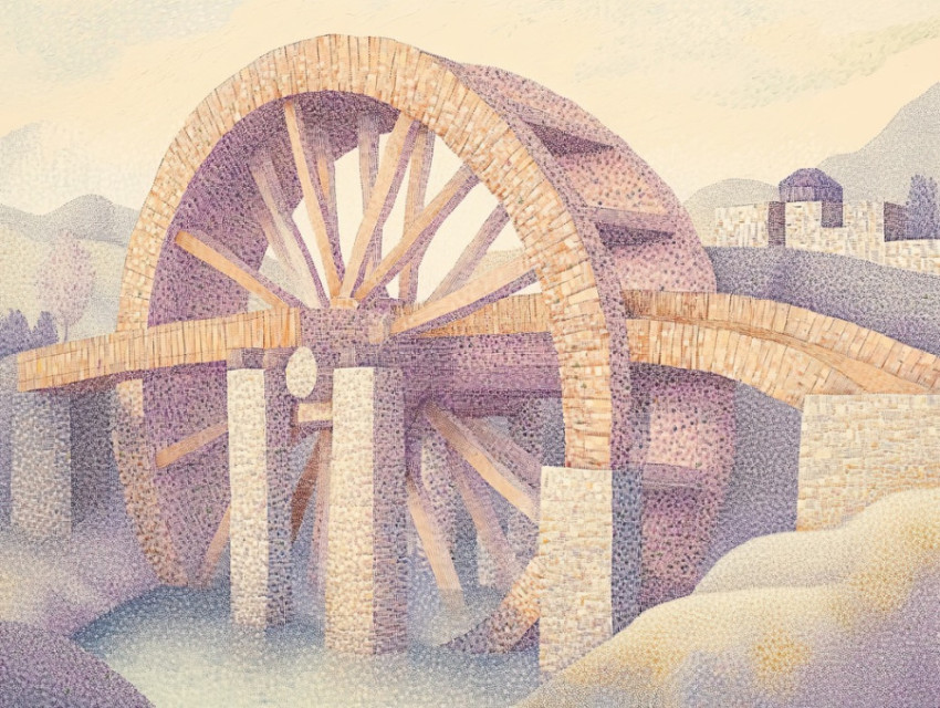 A waterwheel with stippled woodgrain details