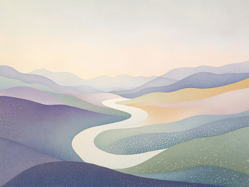 A winding river with stippled shading on hills