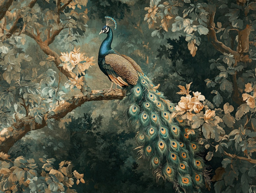 Peacock perched on a floral arch with vibrant feathers