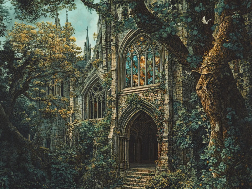 Ivy covered gothic abbey with intricate stonework