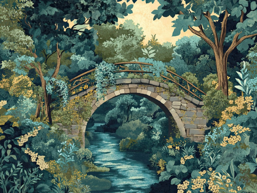 Stone bridge arching over an emerald stream