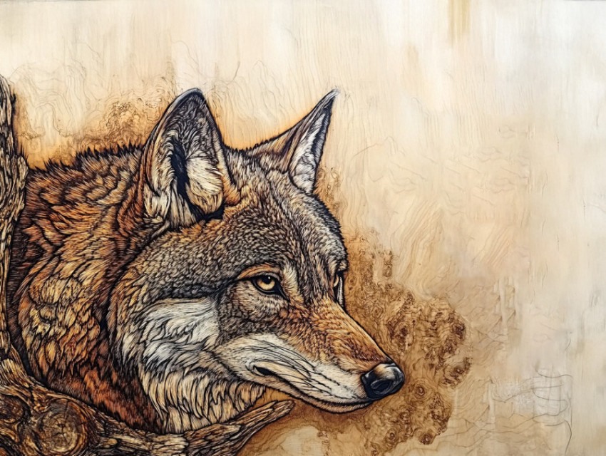 Pyrography wolf on a wooden plaque