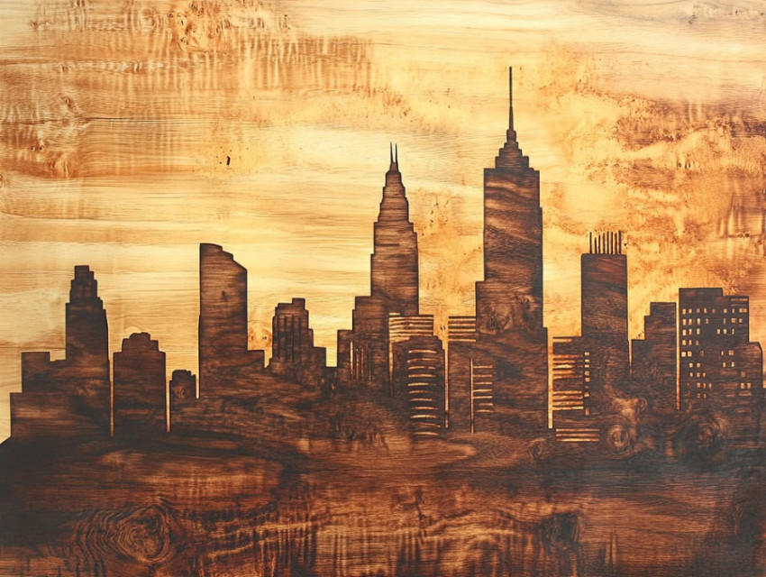 Rustic pyrography city skyline