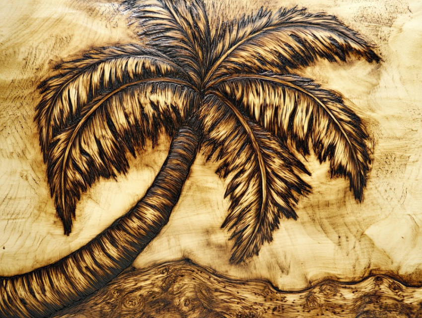 Palm tree pyrography on driftwood