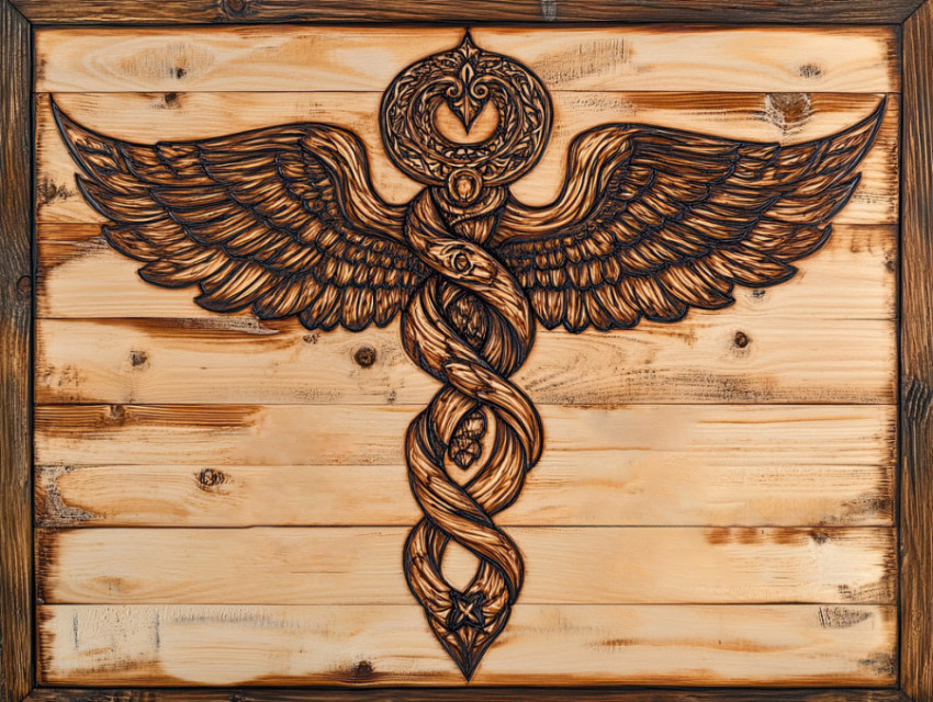 Caduceus pyrography on oak