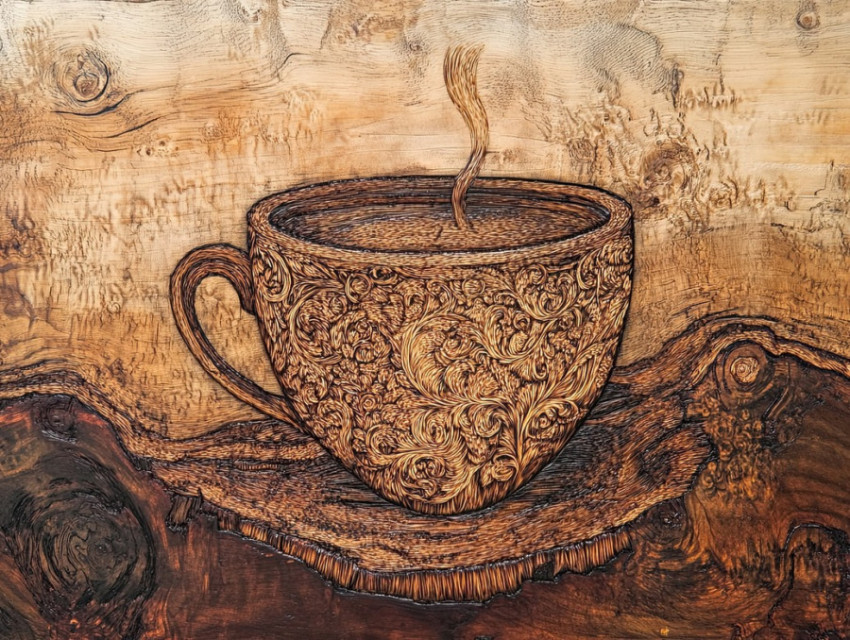 Coffee cup burned into wood