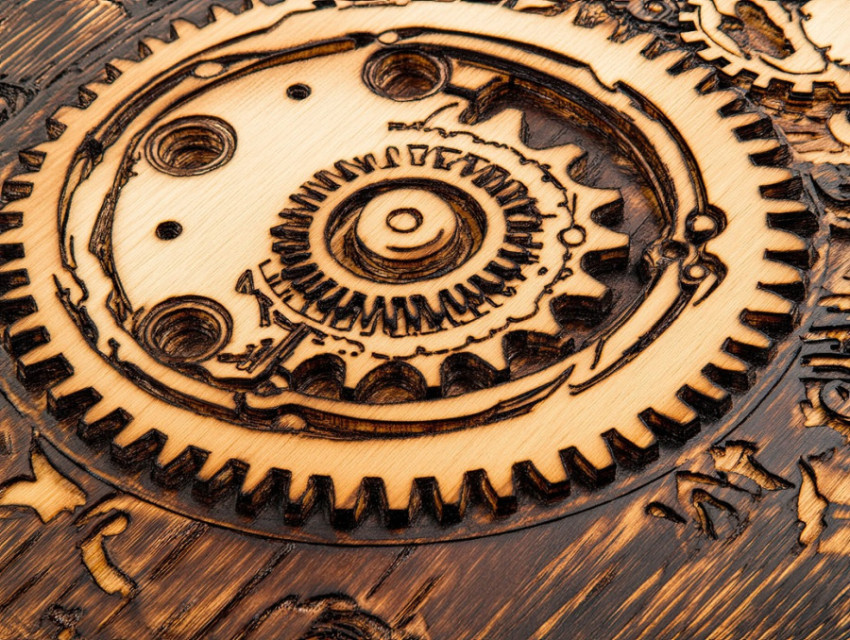 Gear design burned into wood