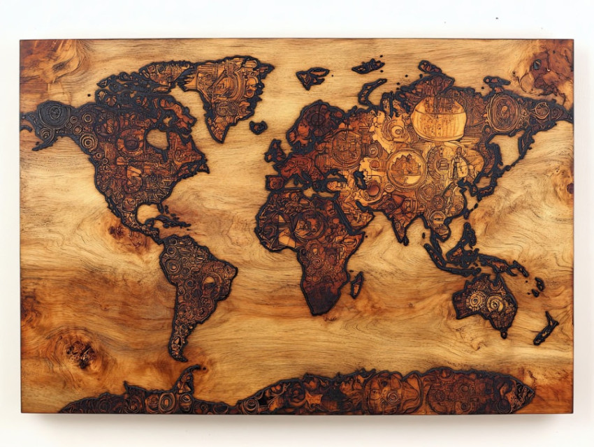 World map burned onto a wooden board