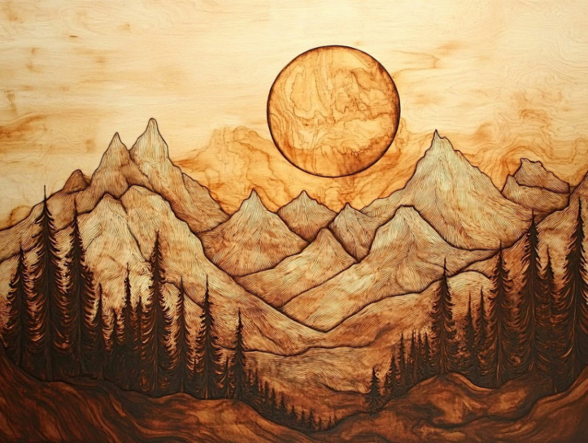 Mountain scene in woodburn art