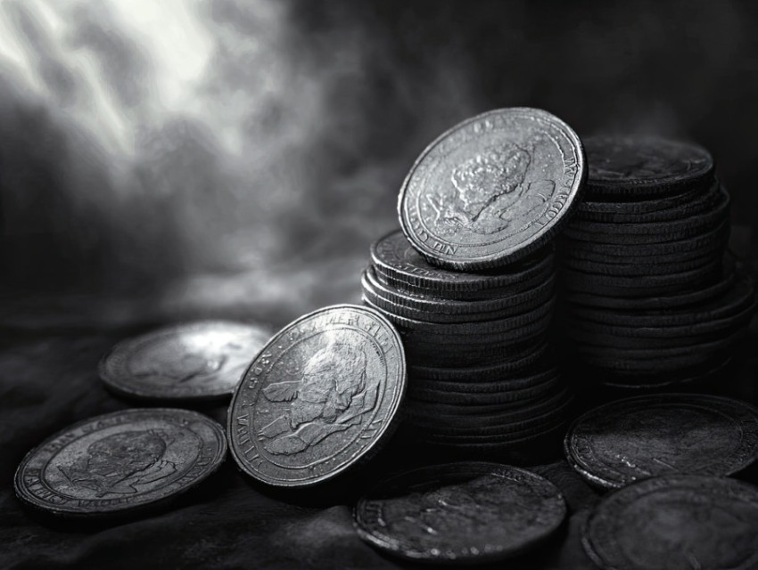 A collection of coins arranged to showcase light and shadow interplay