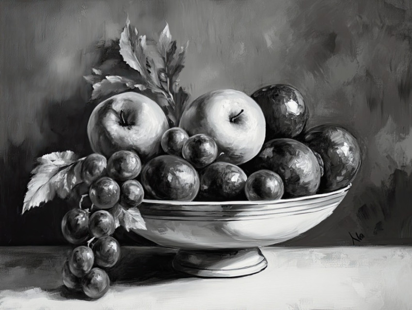 An arrangement of fruits painted in gray shades