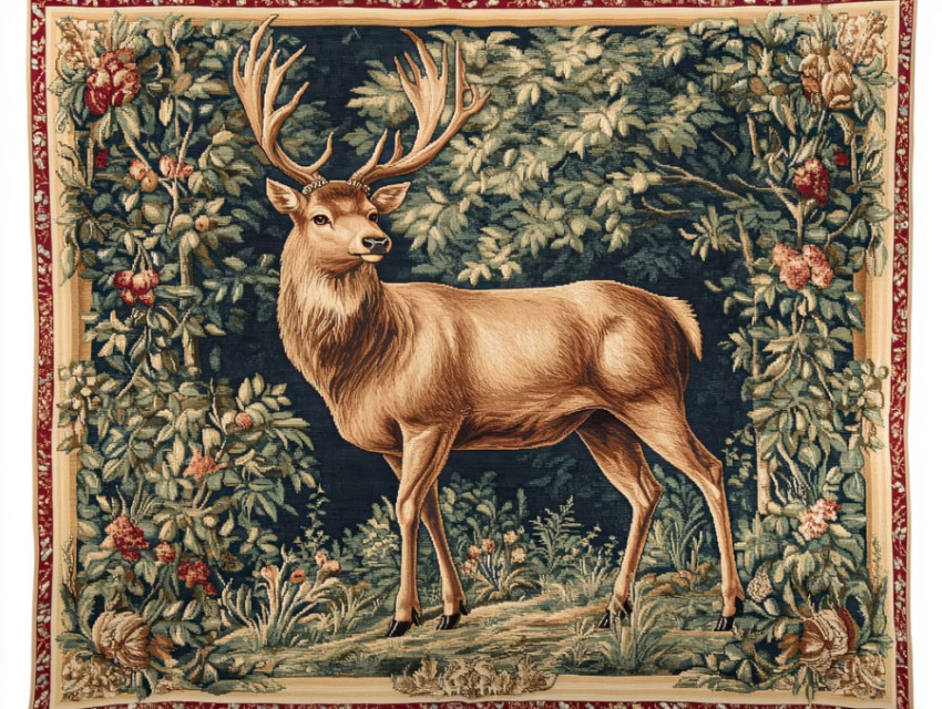 Regal stag stands in a lush forest