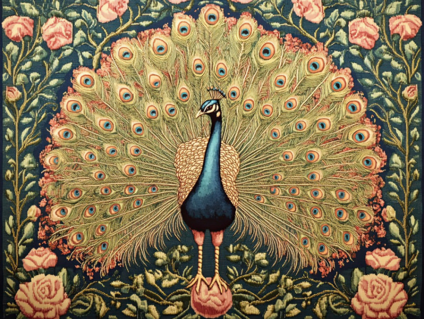 Majestic peacock with detailed plumage displayed in an elegant flemish tapestry