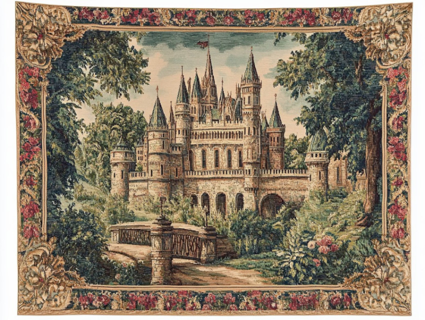 Grand castle with towering walls and detailed scenery in a flemish tapestry