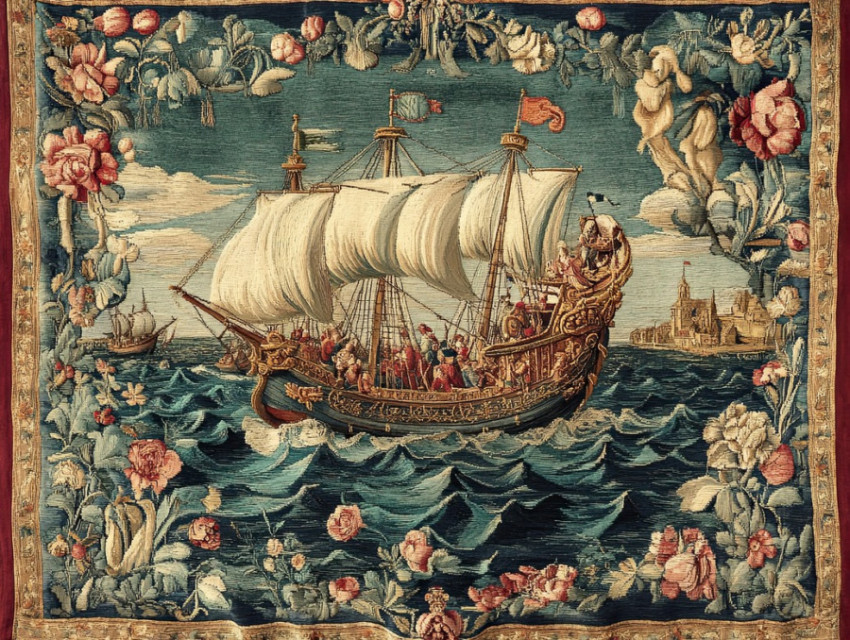 Medieval sailors navigate choppy seas in a woven flemish tapestry