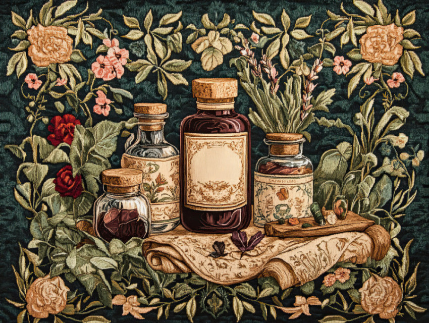 Herbal apothecary prepares remedies in a flemish tapestry