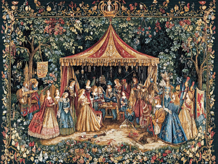 Medieval fair with people gathered for trade and festivities in a flemish tapestry