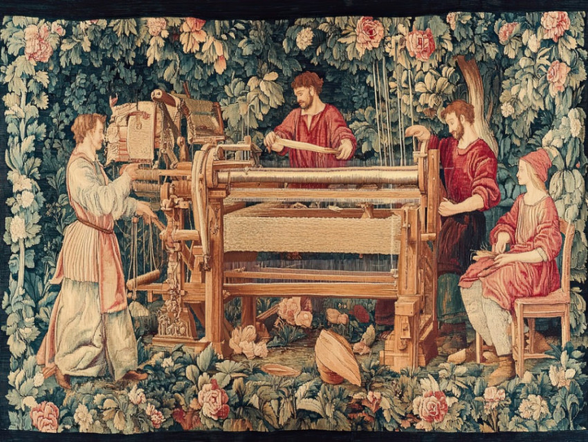 Loom workers crafting textiles in a flemish tapestry