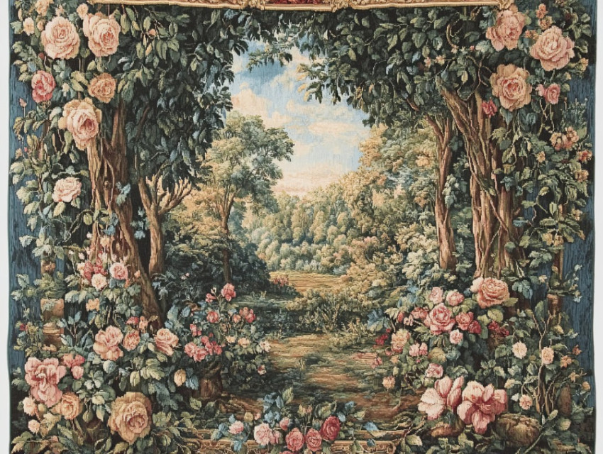 Lush forest with intricate floral patterns in a flemish tapestry