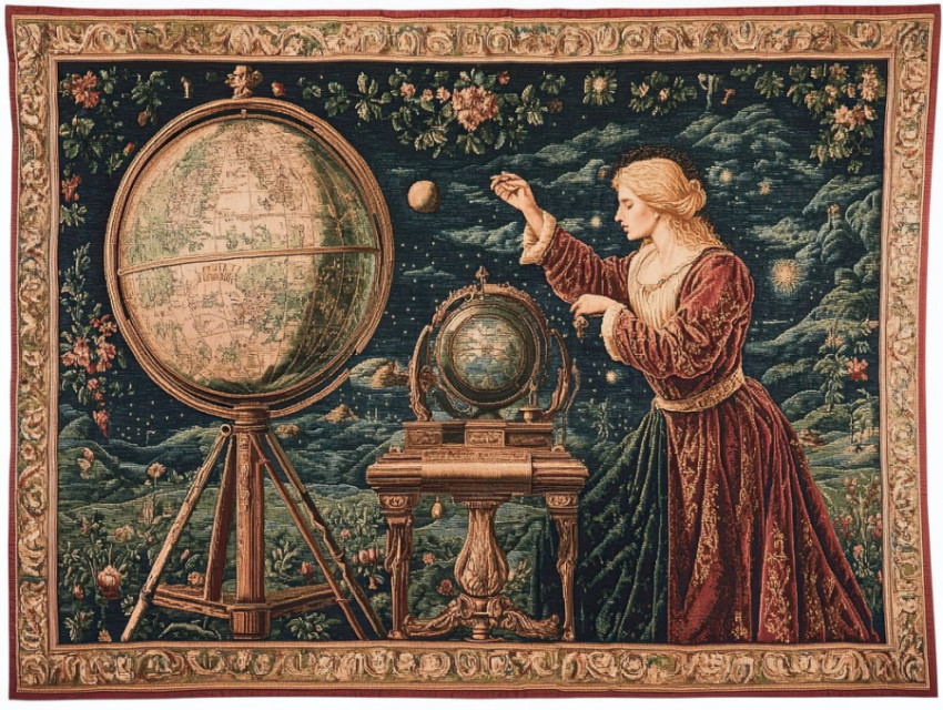 Astronomer studies celestial bodies in a rich woven flemish tapestry