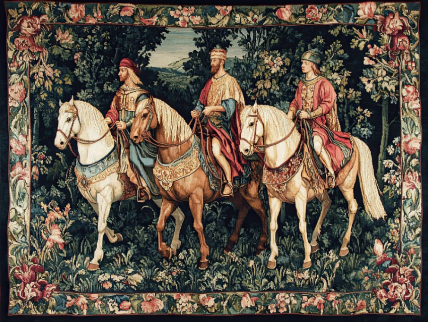 Travelers on horseback journey through a scenic landscape in a flemish tapestry