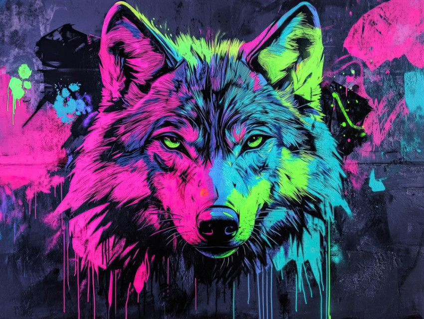 Neon wolf in aerosol street art