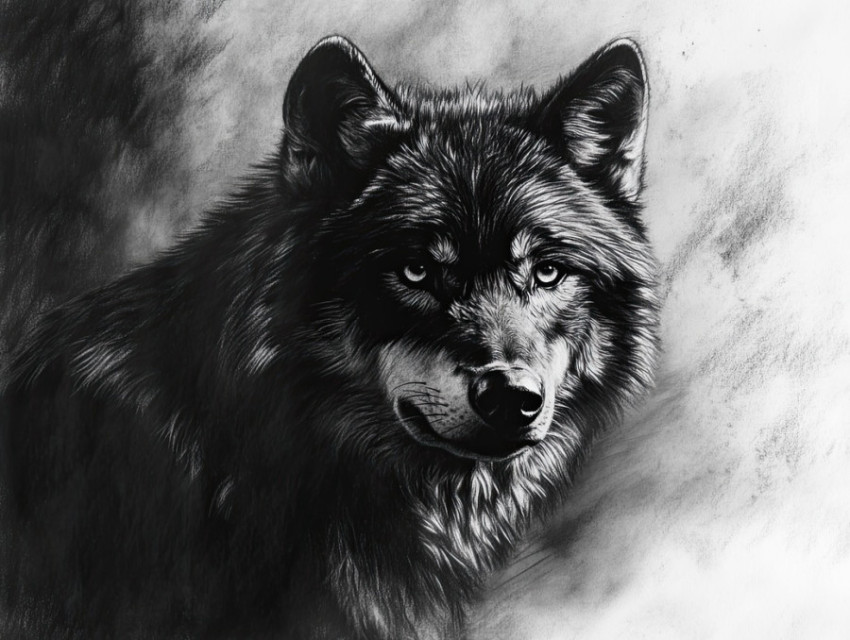 Bold charcoal wolf portrait with intense gaze and rich shading