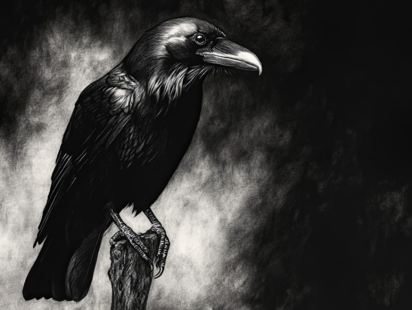 Dramatic raven in deep shadows