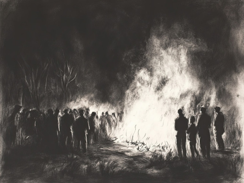 Fire-lit festival scene in charcoal