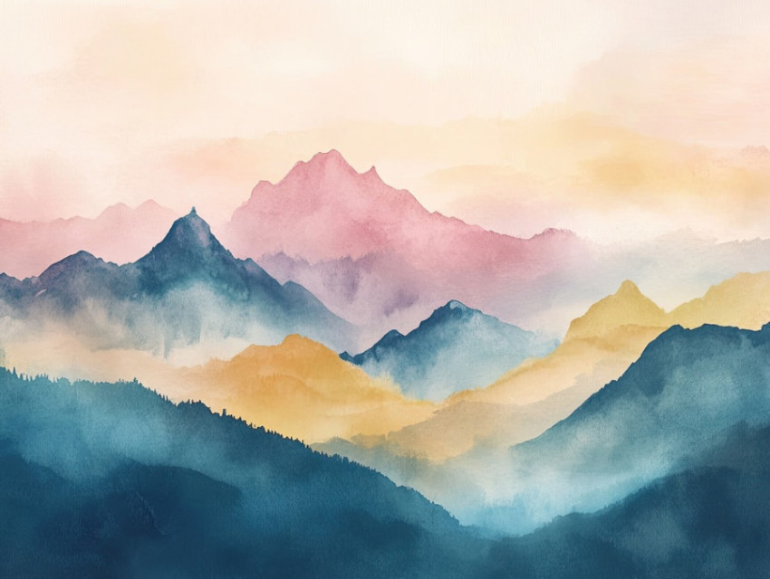 Misty mountains in soft watercolor paint layers