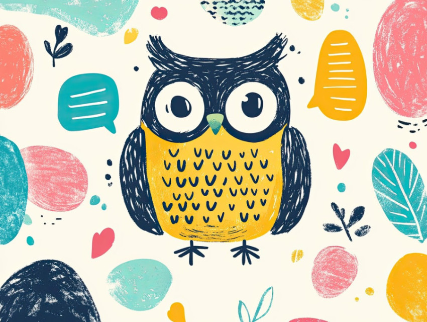 Cute owl with large eyes and a speech bubble filled with notes