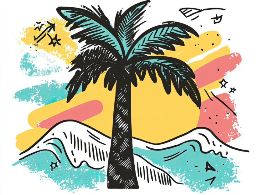 Palm tree with waves and sun icons