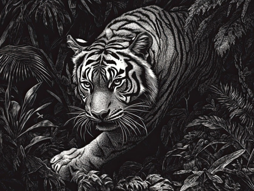 Majestic tiger prowling through a dense jungle